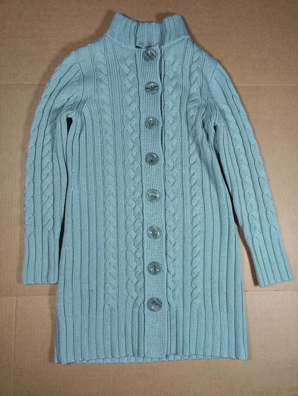 Carlisle Women's 100% Wool Light Blue Cable Knit Heavyweight Cardigan Size M